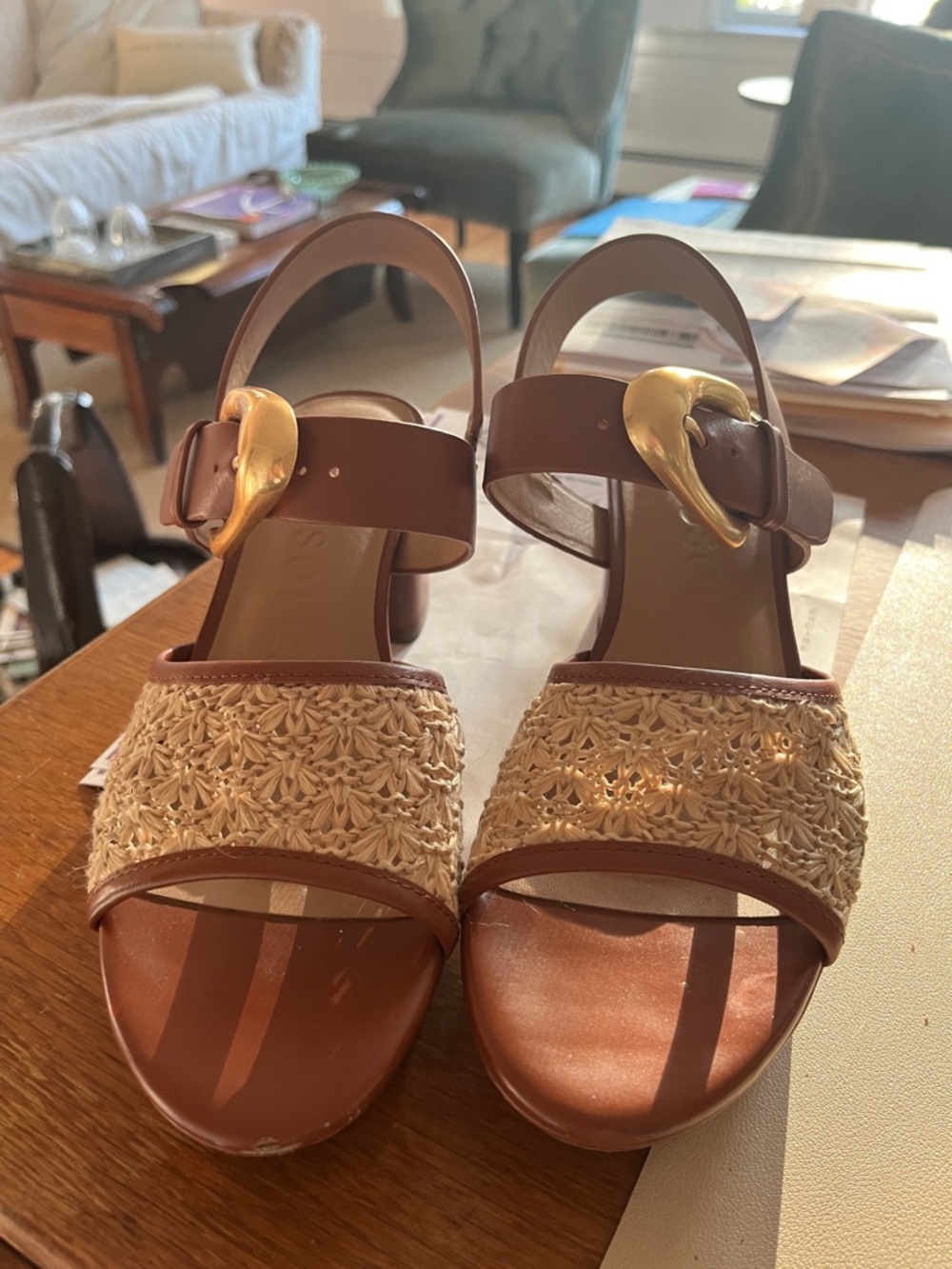 Aerosoles Woven Raffia Brown Leather Block Heel Sandals